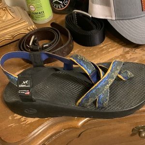 Men’s size 11, Chaco sandals, blue and yellow